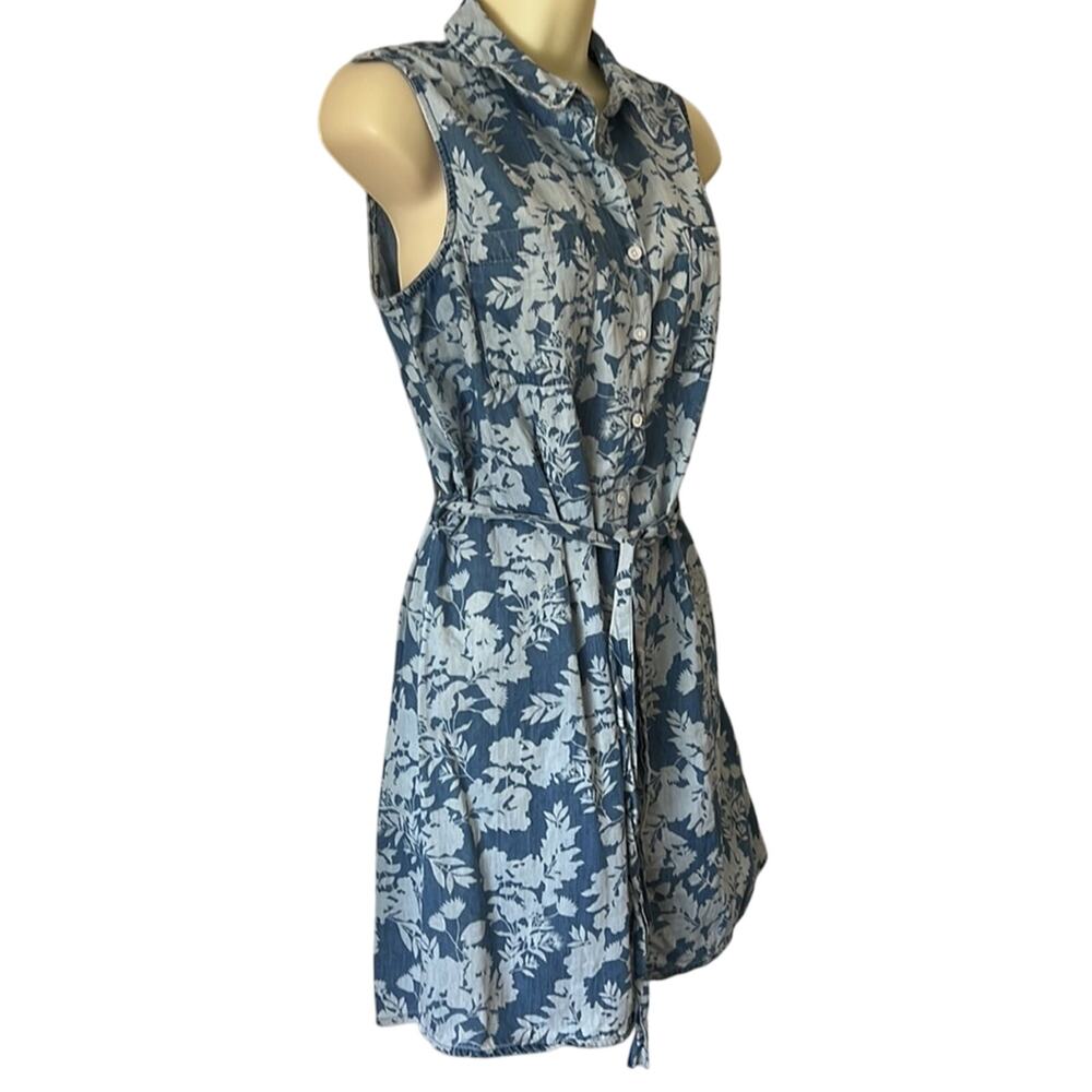 Pink Rose Size L Blue Floral Print Chambray Shirt Dress with Belt - Picture 2 of 10